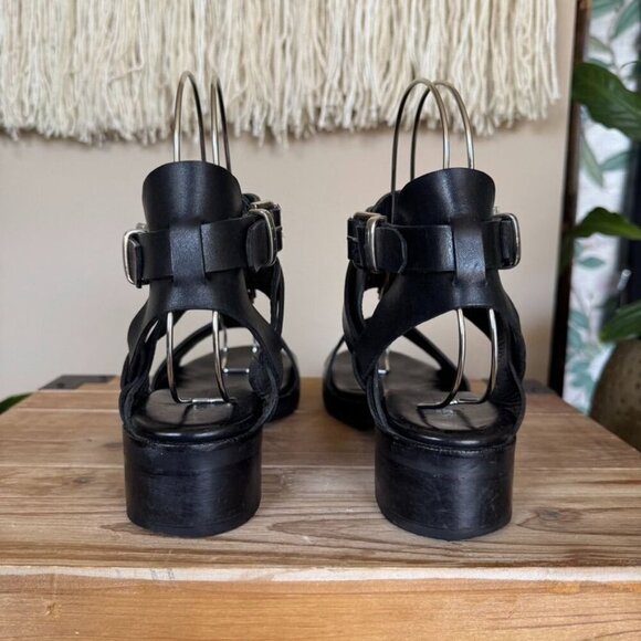 Surface to Air Black Leather Double Ankle Wrap Silver Buckle Block Heel Sandal - Picture 13 of 15